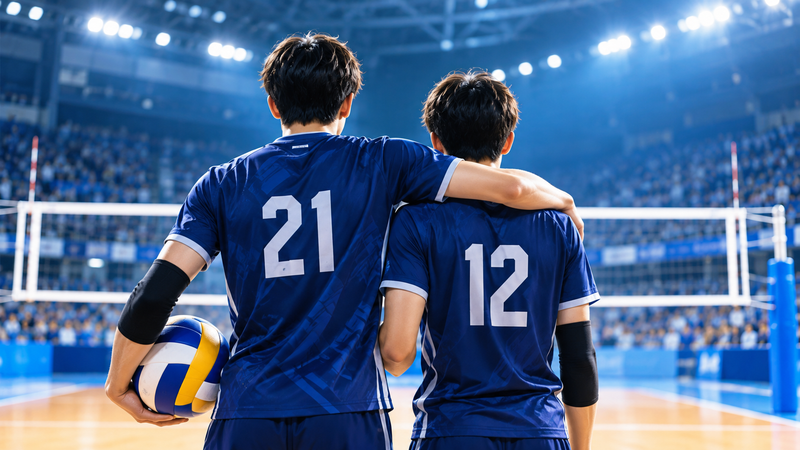 兄弟の絆をイメージした、2人の男子バレーボール選手が同じコートに立つ後ろ姿