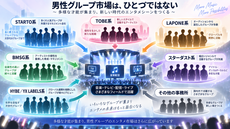 STARTO以外にも複数の事務所から男性グループが活躍する現在の男性アイドル市場