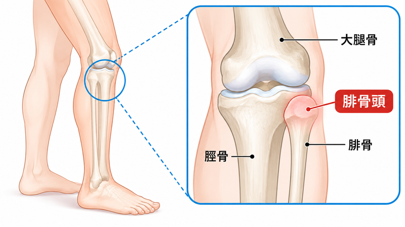 膝の外側付近にある腓骨頭の位置を示す医療イラスト