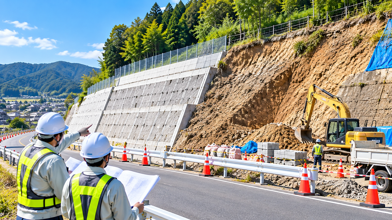 地方自治体の道路整備と法面工事をイメージしたイラスト