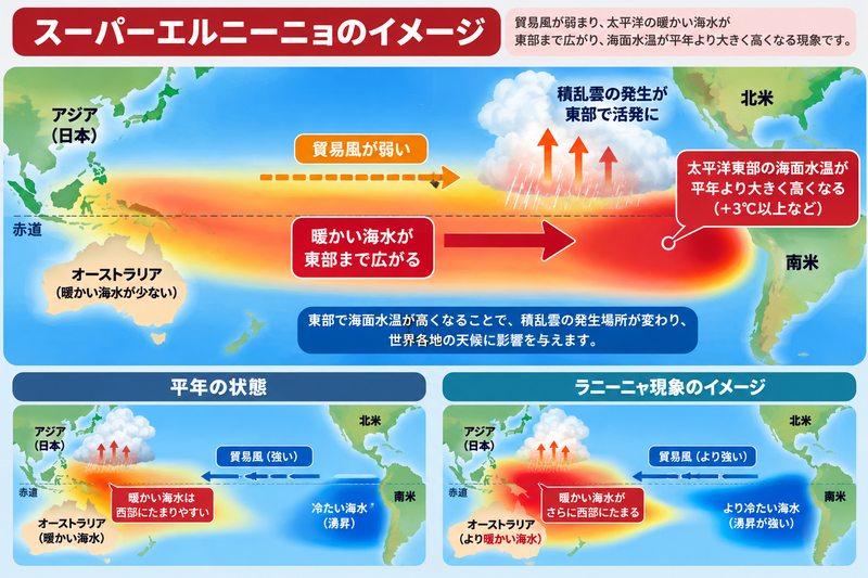 2026年に過去最大の強さとなったエルニーニョ現象を示すイラスト