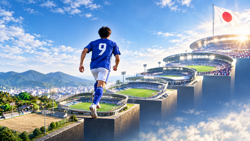 JFLからJ3、J2、J1を経て日本代表初招集まで歩むサッカー選手をイメージしたイラスト