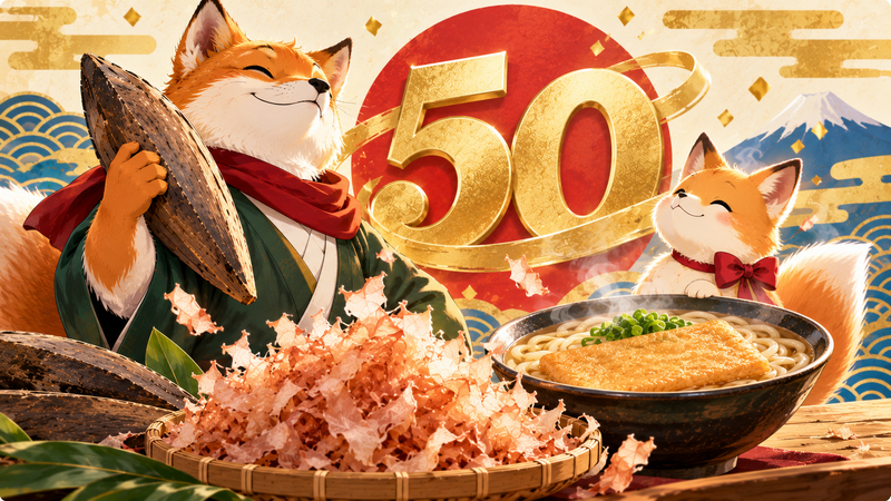 50周年をイメージした狐キャラクターと鰹節のイメージイラスト