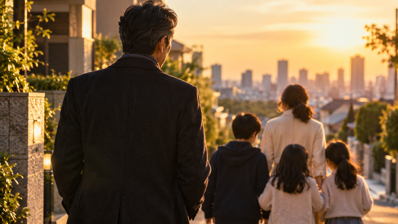 落ち着いた都会の住宅街を背景に、50代男性をイメージした後ろ姿と家族を象徴する柔らかな光を配置。