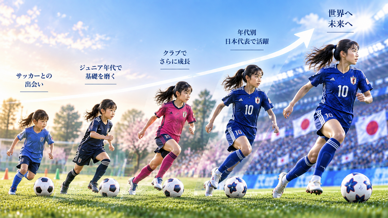 ジュニア年代から年代別代表へ成長していく女子サッカー選手のイメージ