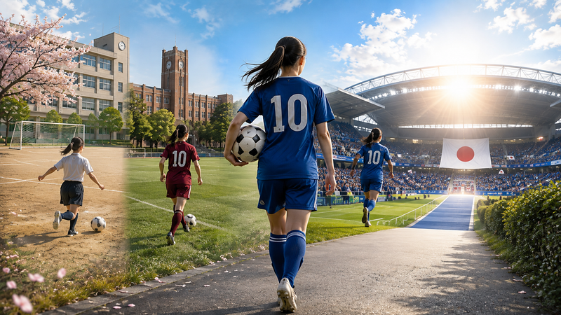 日本の女子サッカー選手をイメージした後ろ姿の若い選手が、学校のグラウンドから大きなスタジアムへ向かっていく構図。