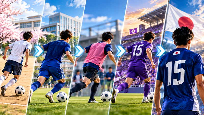 サッカー選手が高校から大学、プロ、日本代表へ進むキャリアを表したイメージ