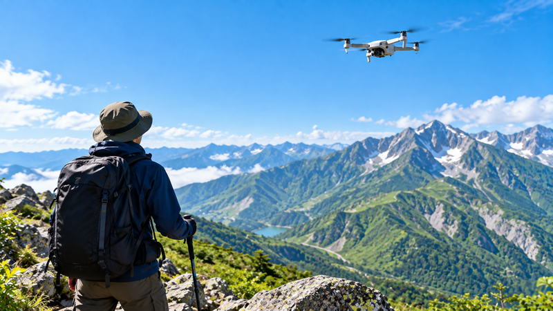 山岳地帯で登山者の上空を飛ぶドローンのイメージイラスト