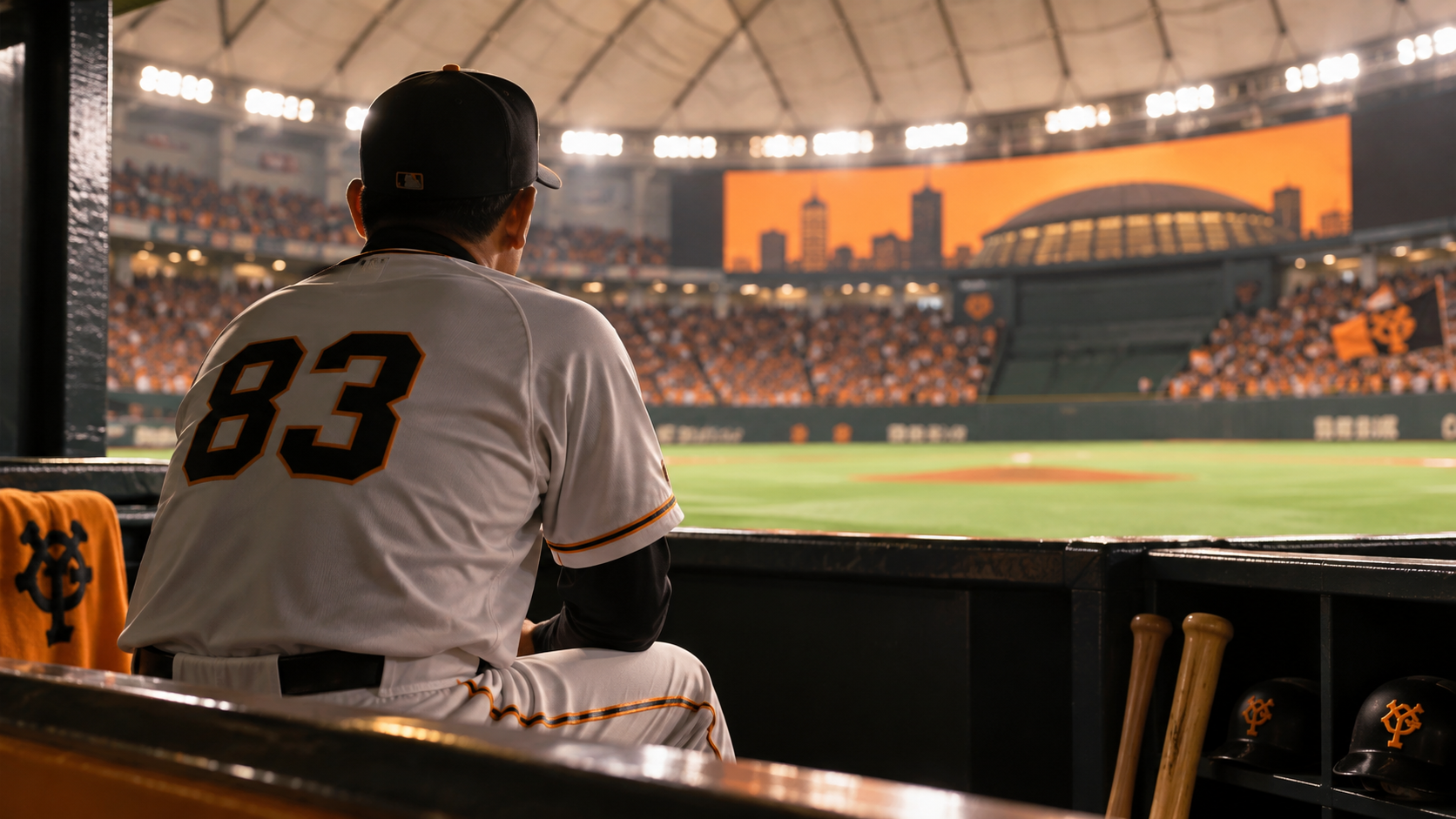 東京ドームをイメージした野球場のベンチと、ユニホーム姿の「元監督」を連想させる男性の後ろ姿。