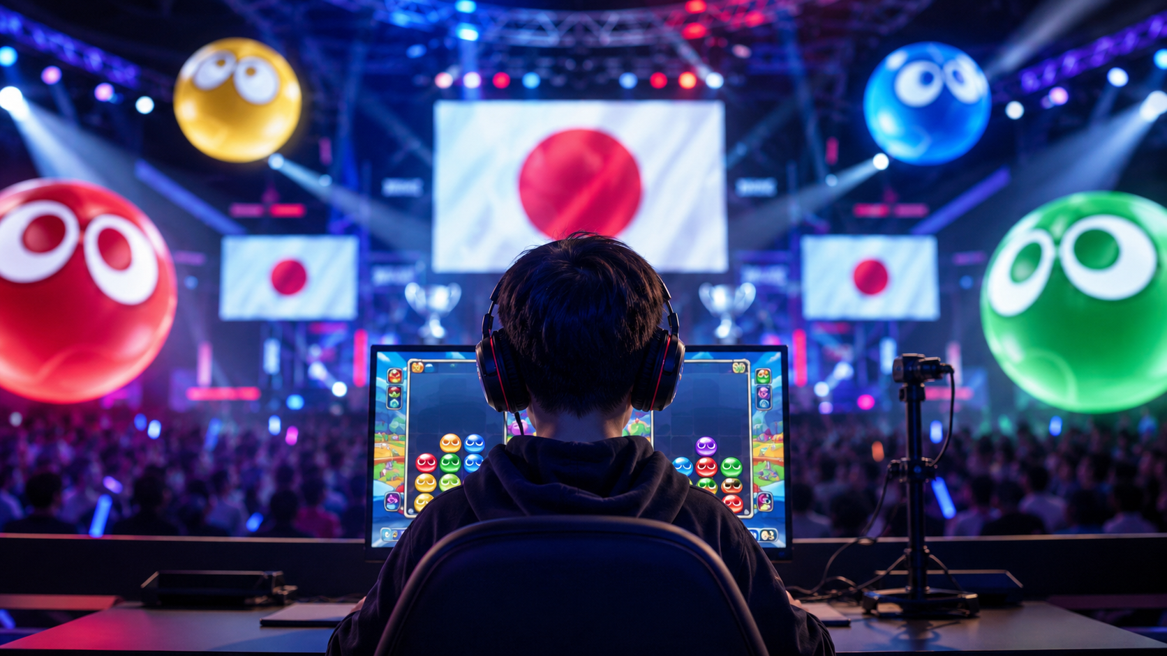 eスポーツ大会のステージを背景に、赤・青・緑・黄色の丸いパズルを連想させるモチーフとゲームモニターを配置。