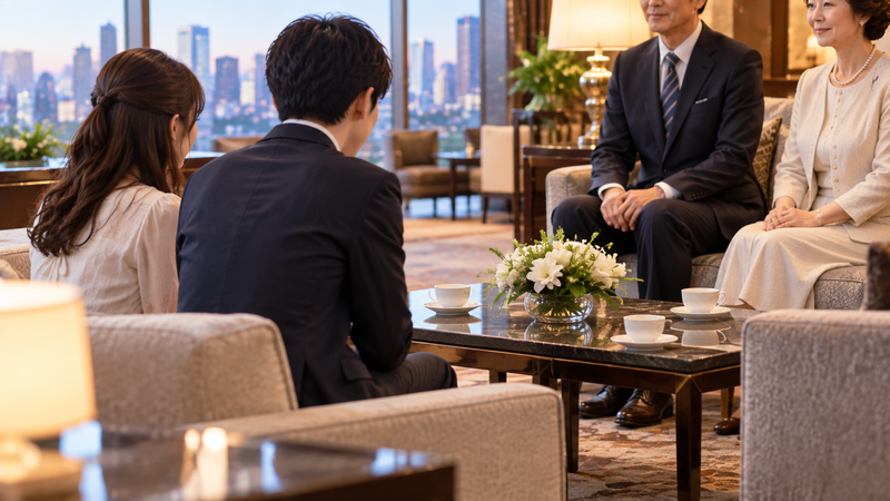 交際前の両親へのあいさつを表す落ち着いたホテルラウンジ