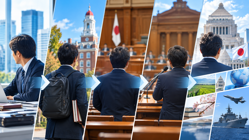 会社員、米国留学、国会議員、大臣へと進む林芳正氏の経歴をイメージした時系列イラスト