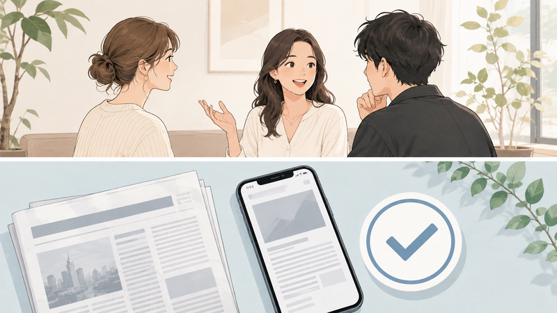「知人の紹介」をイメージした、男女と共通の知人が会話している落ち着いたイラスト