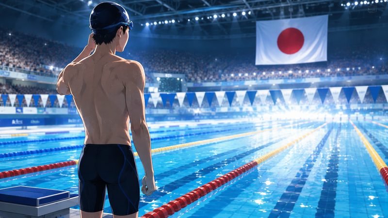 競泳会場のスタート台に立つ若い男子スイマーのイメージイラスト