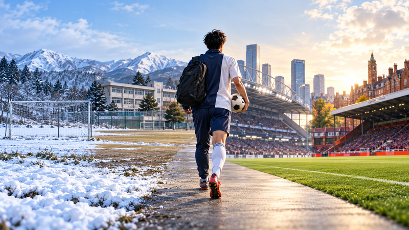 北海道から青森山田、FC東京、海外へ進んだサッカー選手の経歴を表したイメージ