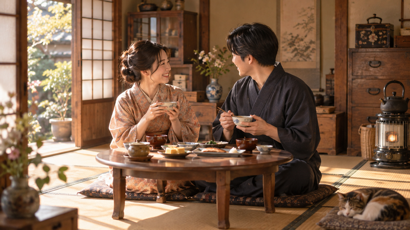 昭和初期の新婚家庭をイメージした和室とちゃぶ台