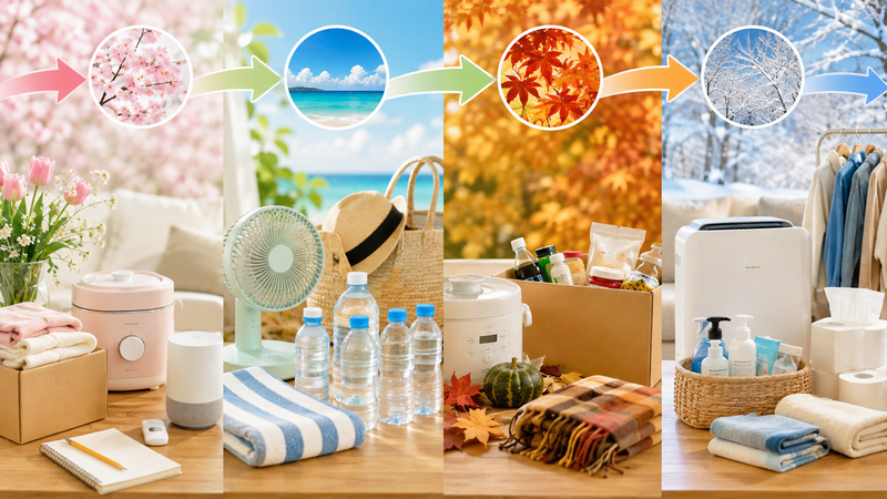 春・夏・秋・冬をイメージできる4つの季節と、家電、水、日用品、段ボール箱などを配置した年間ショッピングカレンダー風。