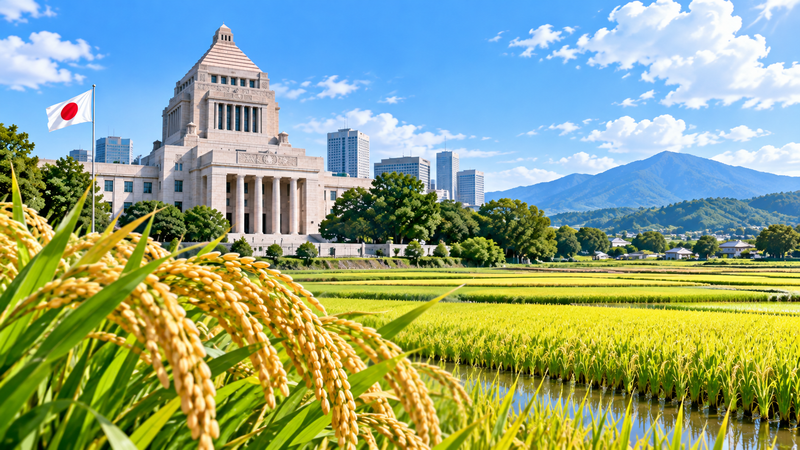 国会議事堂をイメージした建物と水田・稲穂のイラスト