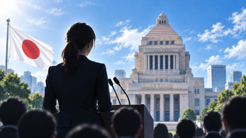国会議事堂を背景に演説する女性政治家のイメージ