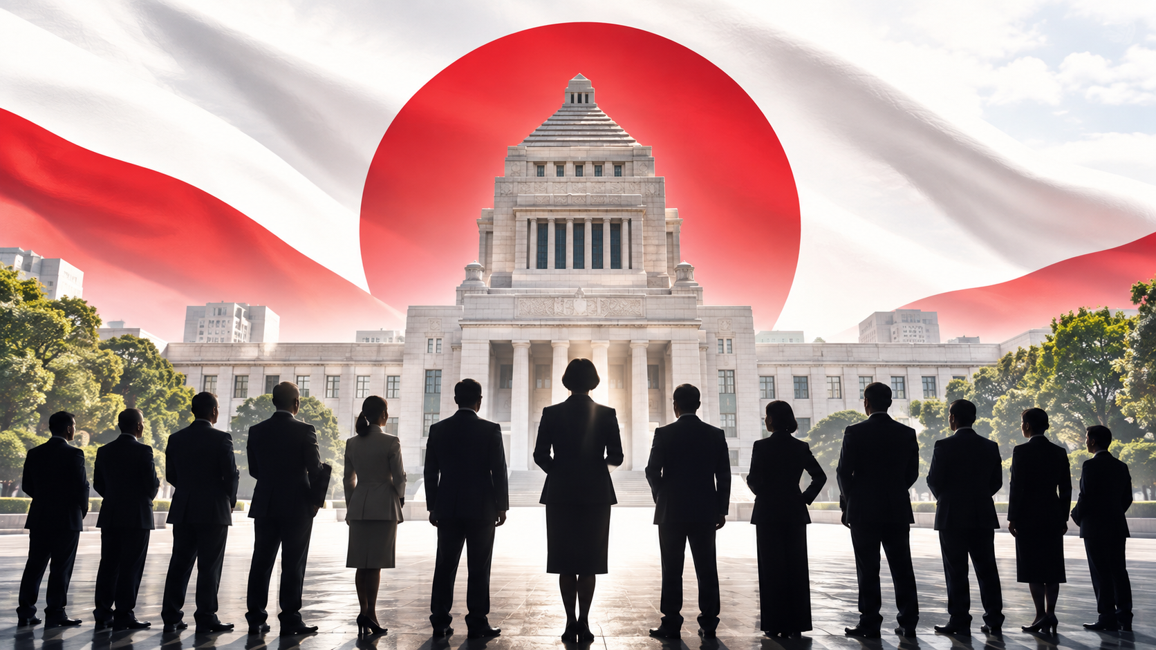 第2次高市改造内閣の発足をイメージした国会議事堂と閣僚のシルエット