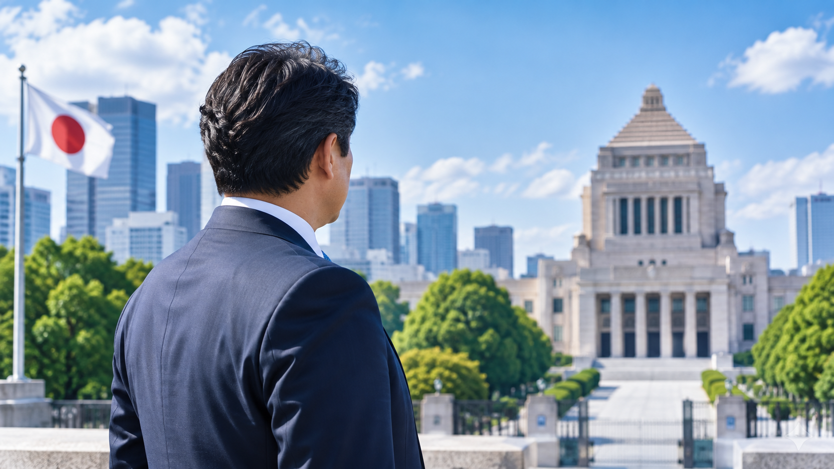 会議事堂と永田町を連想させる街並みを背景に、スーツ姿の「特定人物に酷似しない」日本人政治家のシルエット。