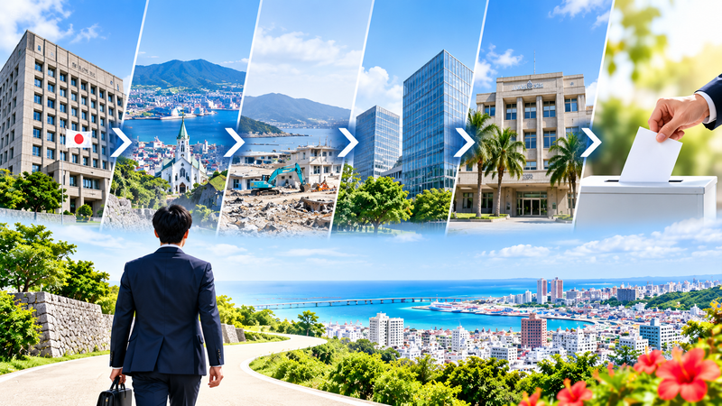 総務省や長崎県、復興庁、民間企業、那覇市副市長を経て沖縄県知事選で初当選するまでの経歴イメージ