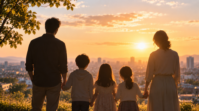 夕暮れの街を背景にした大人2人と子供3人の家族イメージ