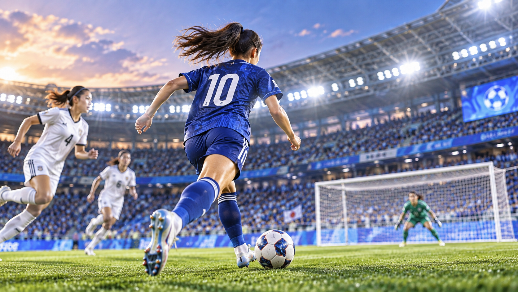 スタジアムでゴールへ向かってドリブルする若い女子サッカー選手のイメージ