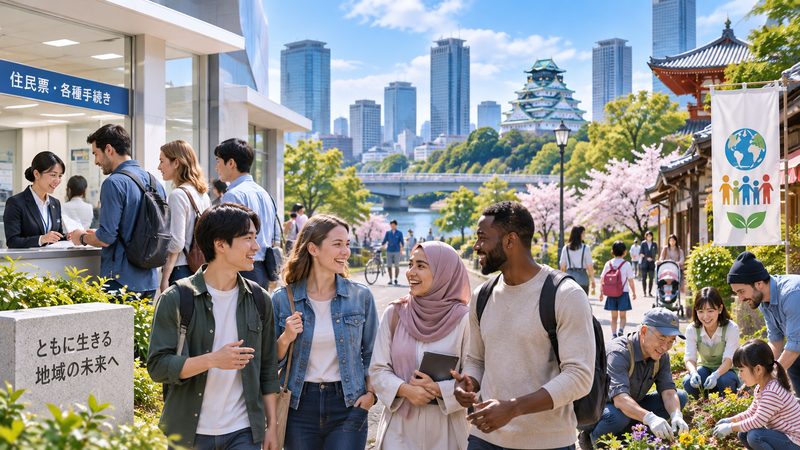 日本の街で多様な人々が暮らす共生社会のイメージ