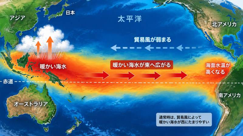 太平洋赤道域で暖かい海水が東へ広がる様子を示す模式図。