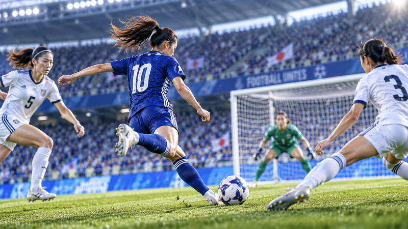 スタジアムで相手選手をかわしながらシュートを狙う女子サッカー選手のイメージ