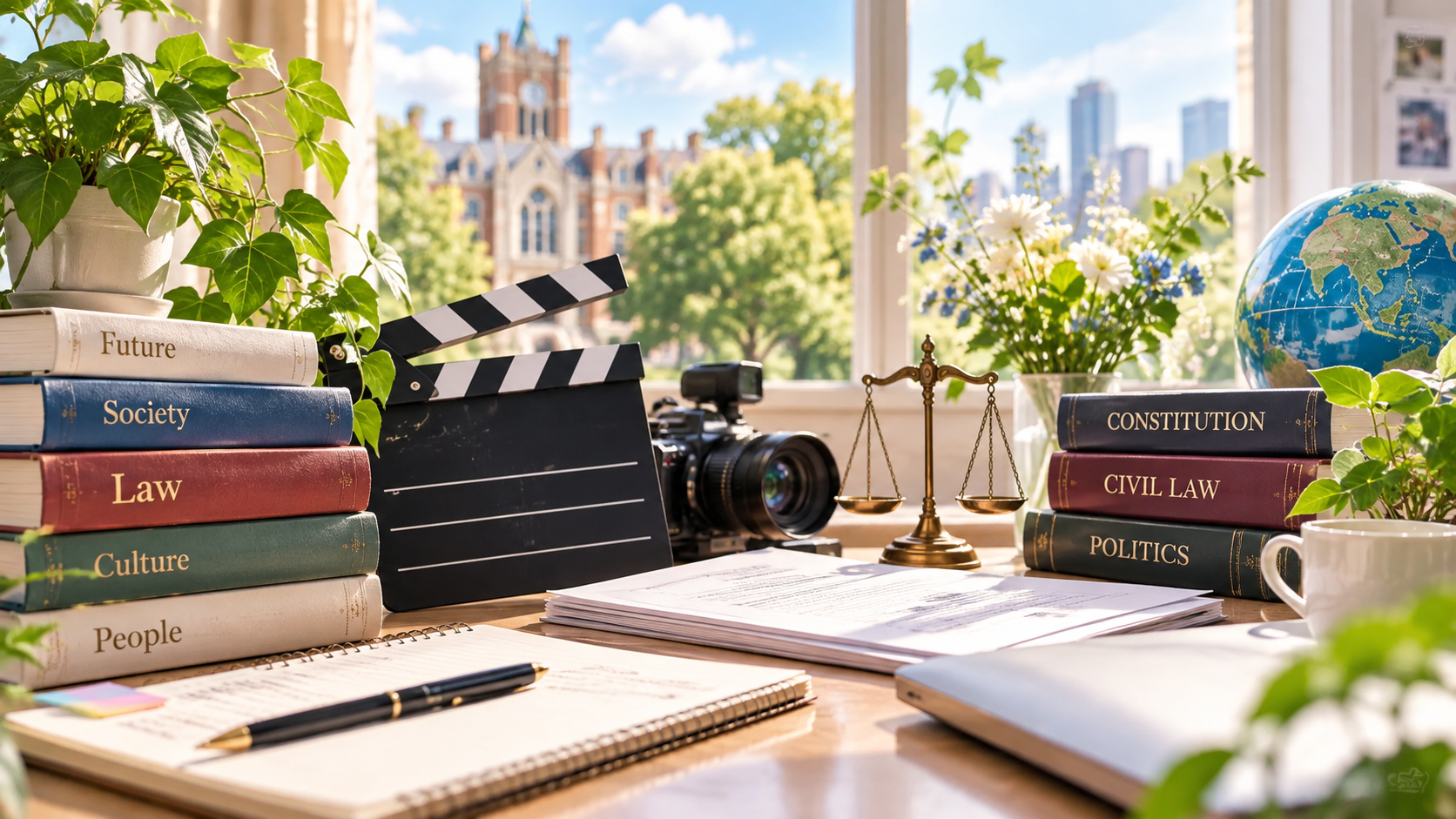 大学を連想する本やノート、俳優活動を表す映画のカチンコ、法律ドラマを連想する法律書や書類、社会活動を連想する緑の植物を自然に配置。