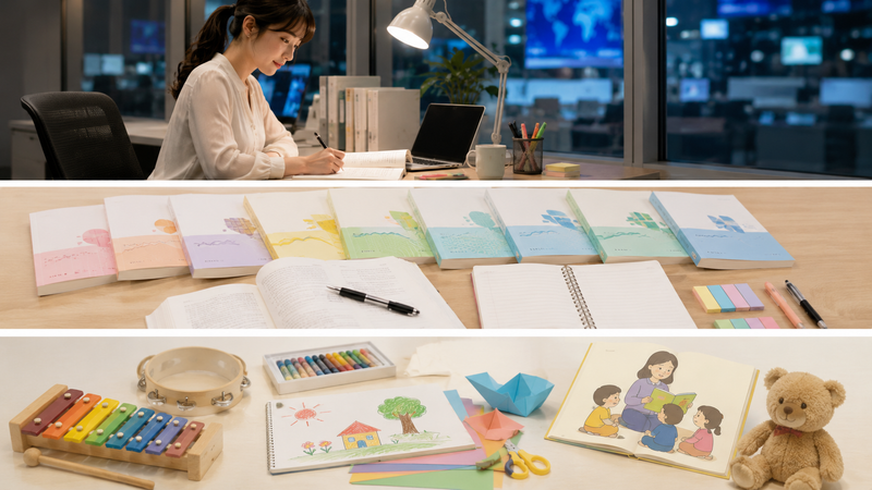 テレビ局で働きながら資格を勉強する女性と、保育士試験の学習や音楽・造形・読み聞かせをイメージした小物