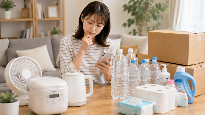 家電、水、日用品を前に、スマートフォンで価格を確認している人物。