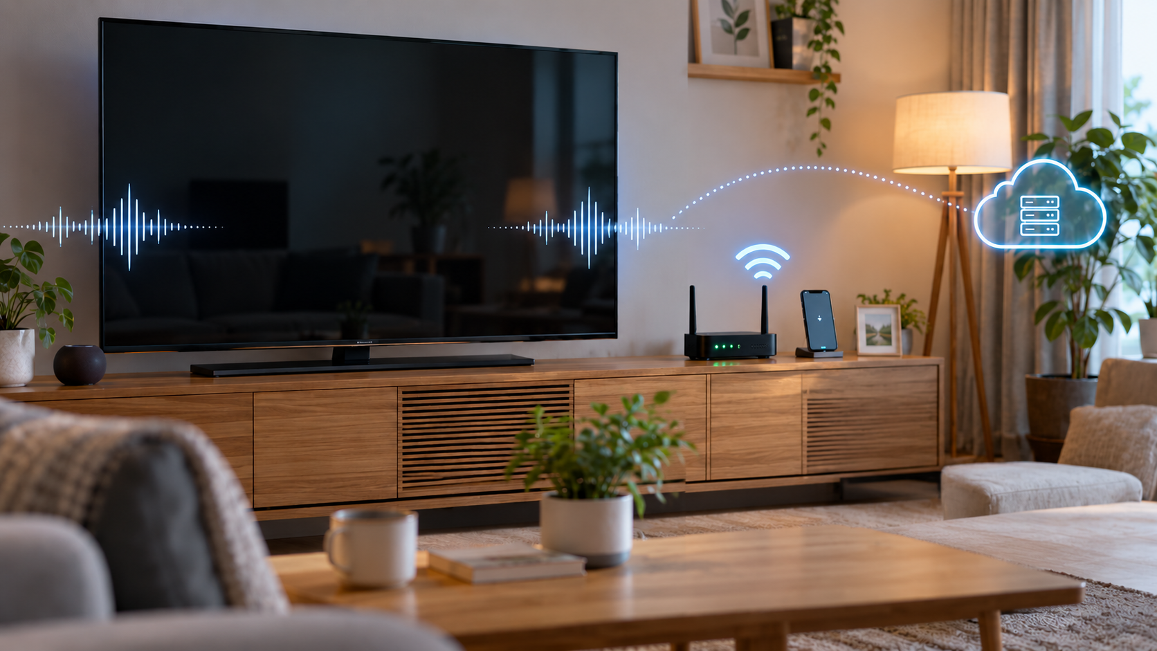 日本の一般的なリビングに置かれた大型スマートテレビ。