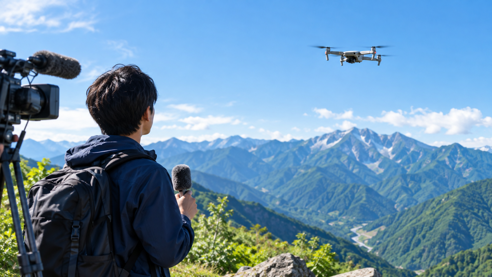 山を背景にドローンを見上げる若手アナウンサーをイメージしたイラスト