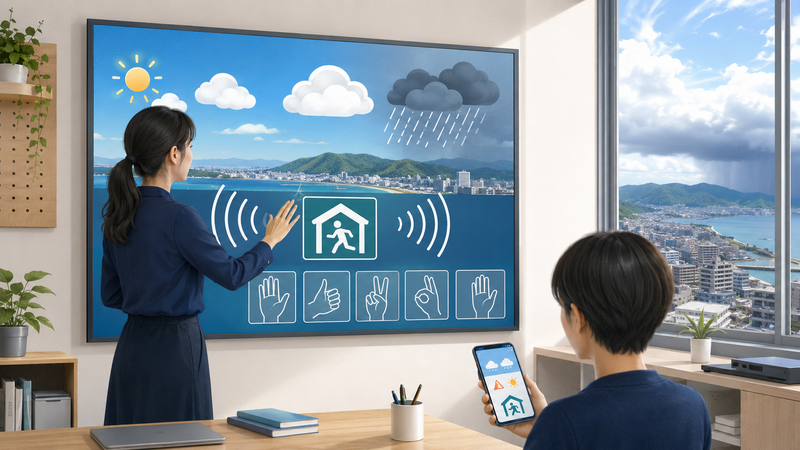 災害情報と聞こえにくい人への情報伝達を研究する様子のイラスト