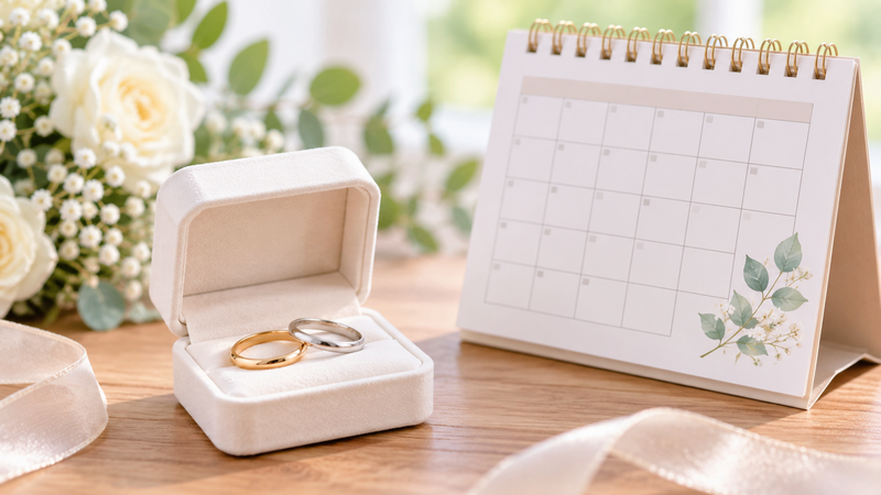 結婚指輪とカレンダーで結婚時期を表したイメージ