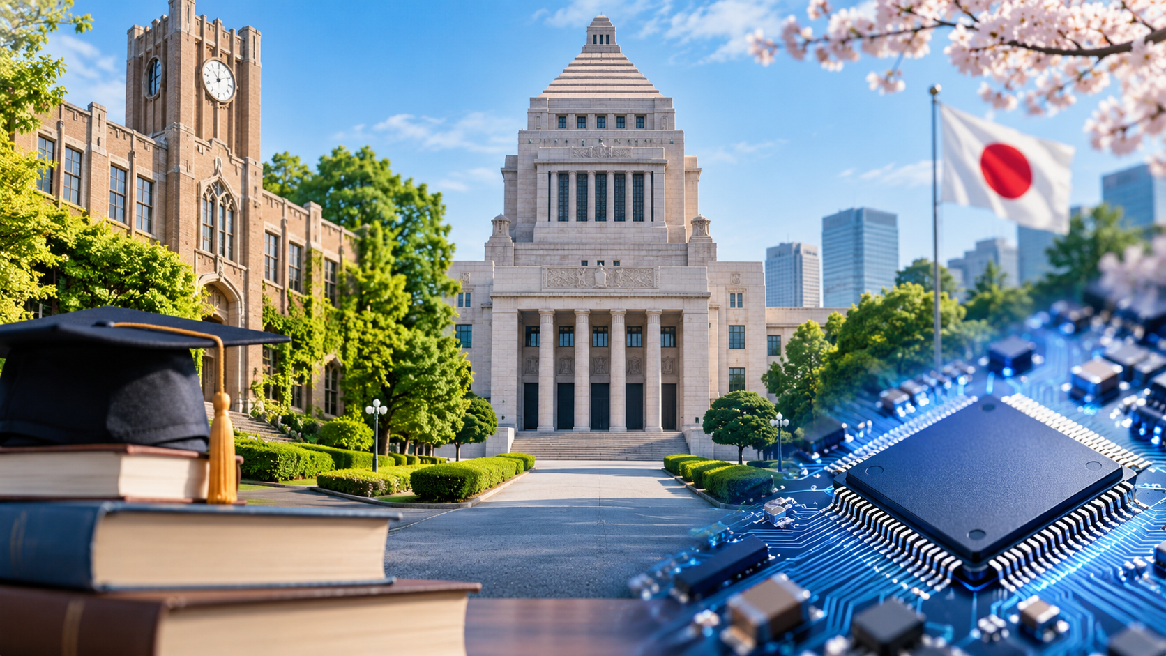 国会議事堂を背景に、学校・大学を想起させる建物と半導体チップを組み合わせ