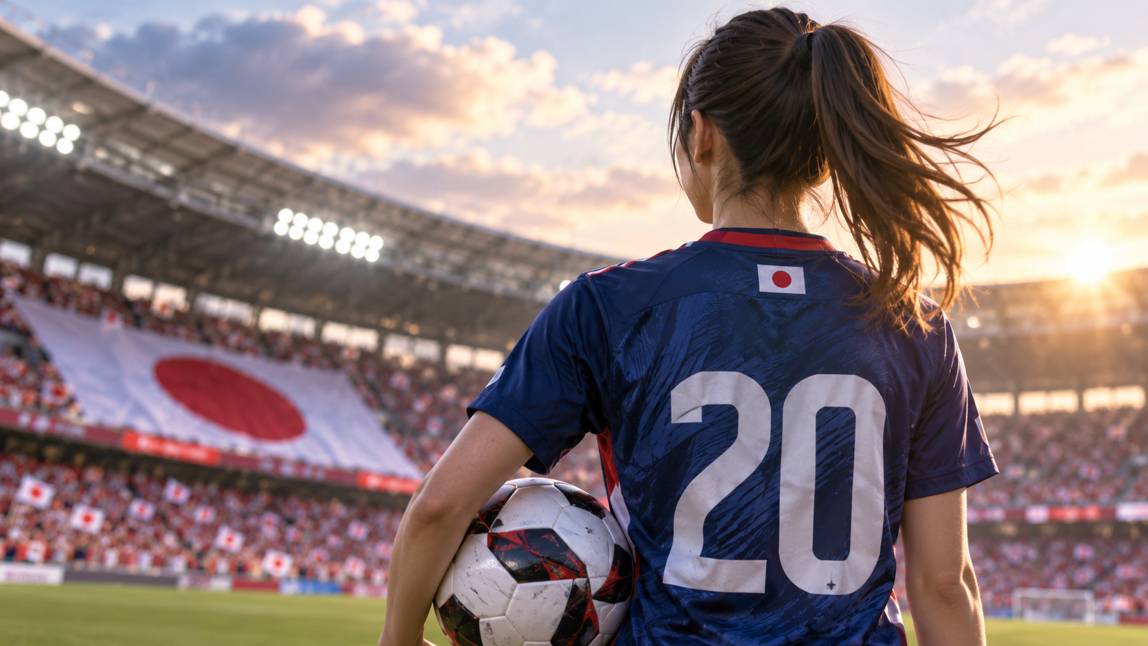 女子サッカーのスタジアムを背景に、日本代表を連想させる赤と白を取り入れた若い女子サッカー選手の後ろ姿。