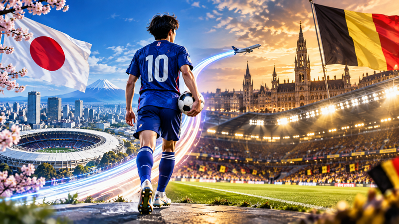 日本からベルギーへサッカー選手がステップアップしていくイメージ。