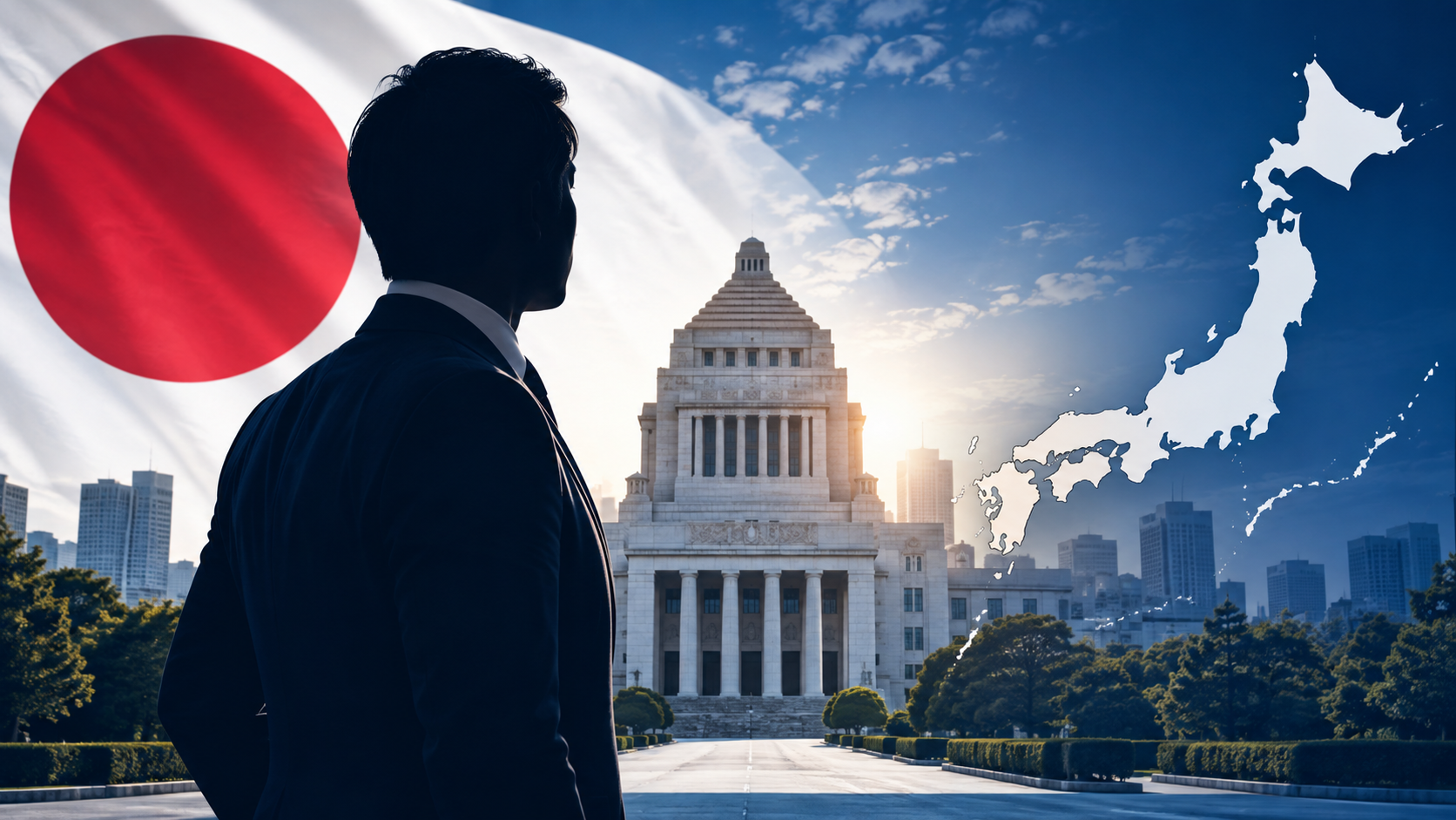 国会議事堂を背景に、政治家をイメージした男性のシルエットと日本地図を配置。