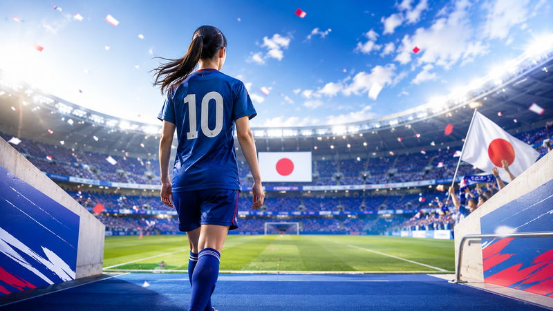 青を基調としたスタジアム、日本をイメージする赤と白のアクセント、ピッチへ向かう女子サッカー選手の後ろ姿。
