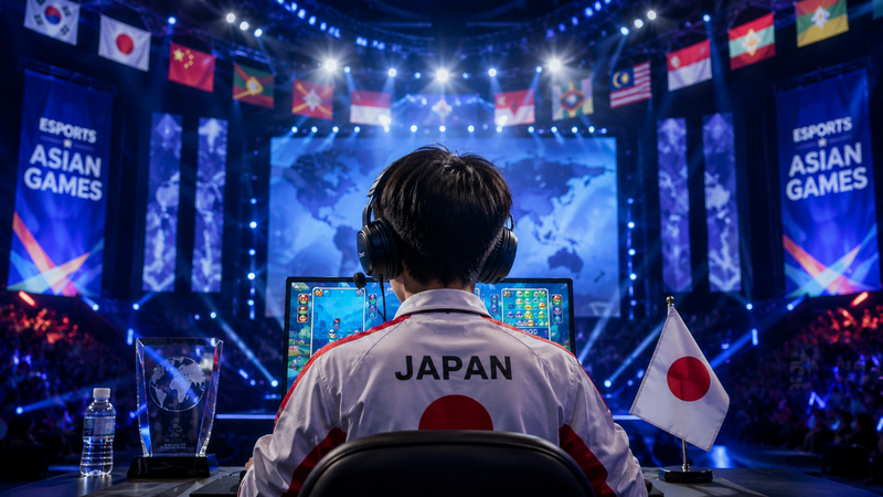 日本代表として国際大会に挑戦する若いeスポーツ選手のイメージ