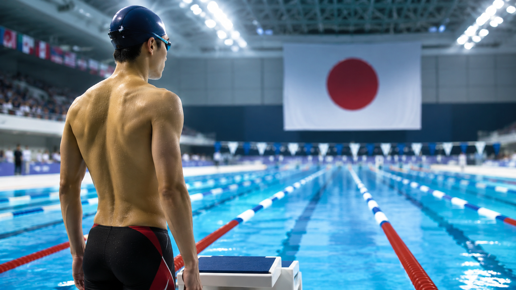 競泳用プールを背景に、スタート台付近に立つ若い男子競泳選手