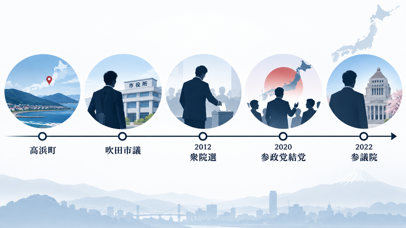 神谷宗幣氏の経歴を示す時系列イラスト