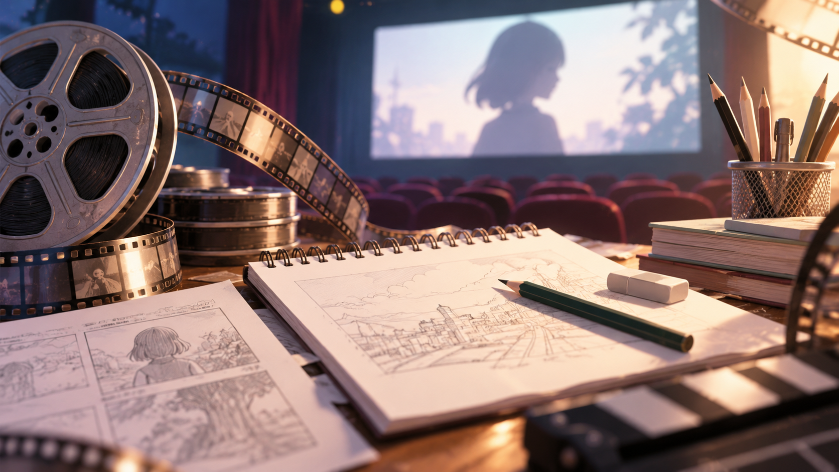 映画館やフィルムをイメージした背景に、画用紙・鉛筆・スケッチブックを組み合わせ