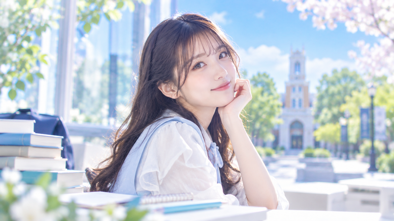 大学キャンパスと本を背景にした若手女性アイドル風イラスト