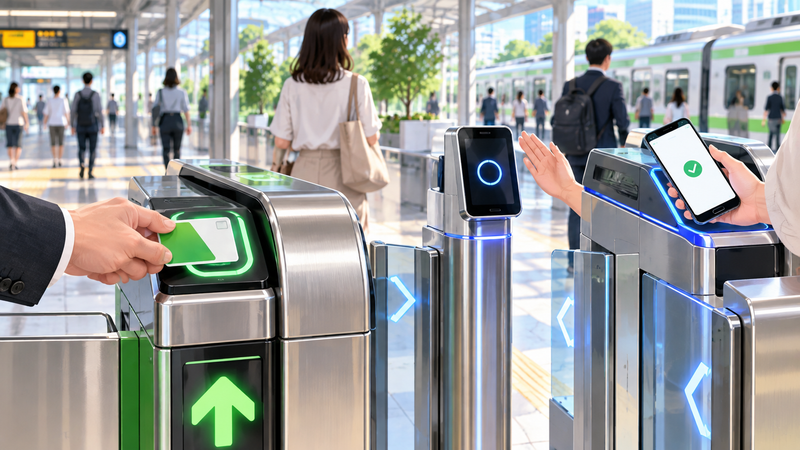 将来の駅改札とスマートフォン利用をイメージした画像