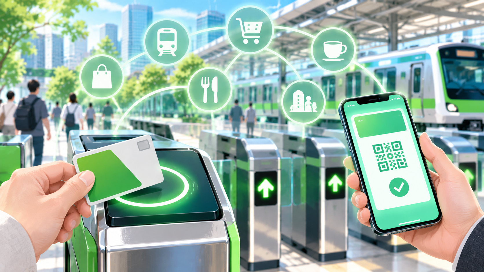 駅の改札とスマートフォンを中心に、緑を基調とした交通ICサービスの進化をイメージするデザイン。
